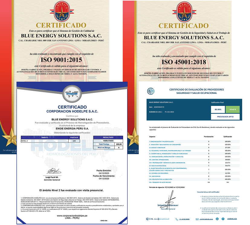 Certificaciones ISO 9001, ISO 45001 y homologaciones técnicas de BLUENERG
